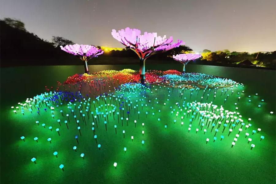 Large-scale flowers glow in multicolor lights at Entwined, an Illuminate SF exhibit.