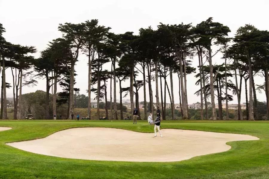 Jogadores de golfe em uma caixa de areia no campo de golfe TPC Harding Park, em São Francisco, Califórnia.